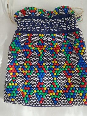 1970s Bubble Dot Plastic Beaded DRAWSTRING Purse Bag Reverisble Diamond